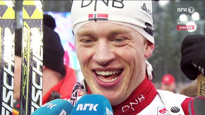 Tarjei Bø vann fellesstarten i VM 2013. Foto: NRK